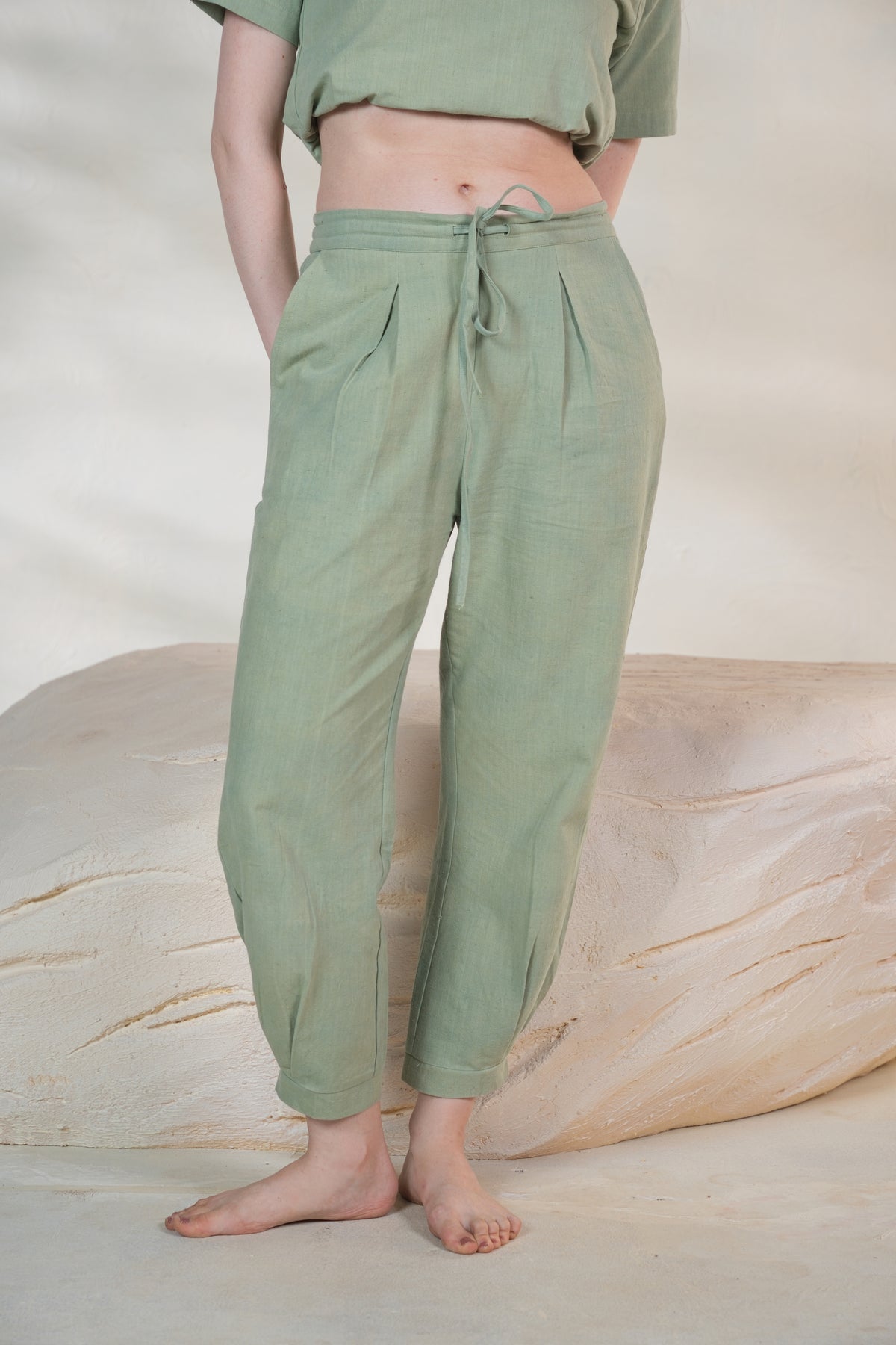 Bodhi Pants in Dried Basil, handwoven cotton, TISHYA